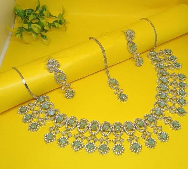 Mint Green Diamond Style AD Necklace with Earring and Tikka